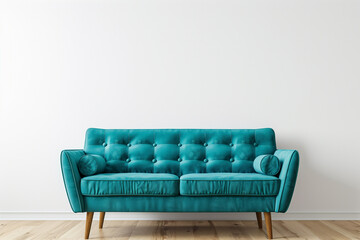 Wall Mural - Turquoise sofa in spacious room against blank white wall with copy space. Scandinavian interior design of modern living room home.