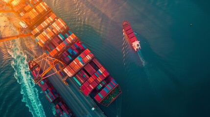 Wall Mural - Aerial top view of a container ship cargo business, illustrating international import and export logistics and transportation by container freight at an open seaport, with an ocean network map
