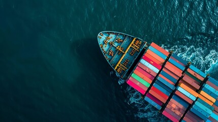 Canvas Print - Aerial top view of a container ship cargo business, illustrating international import and export logistics and transportation by container freight at an open seaport, with an ocean network map