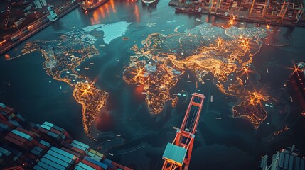 Wall Mural - AI technology enhances global logistics for international delivery, using a world map to manage supply chains and container ship networks for export-import processes