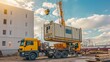 © Orxan - Crane trucks transporting mobile office buildings or container site offices for installation at construction site areas, aiding in project mobilization