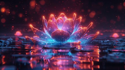 Wall Mural -   Blue and Pink Flower on Water - A dark background with floating flower lit from above