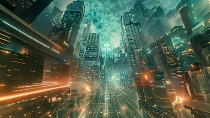 Wall Mural - A futuristic city with numerous towering buildings controlled by a centralized AI system, A cityscape controlled by a centralized AI system