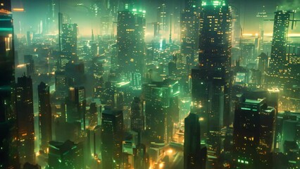 Poster - A city at night filled with towering buildings, A cityscape controlled by a totalitarian regime using advanced tech