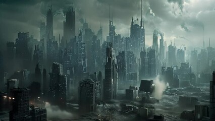 Wall Mural - A vast city with numerous towering buildings creating a dense skyline, A cityscape engulfed in a nanotech plague