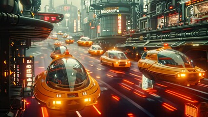 Poster - a busy futuristic city filled with yellow hovercraft and antigravity lights, a cityscape filled with