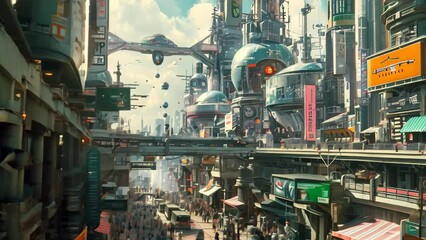 Poster - a futuristic city filled with tall buildings, inhabited by cyborgs and augmented humans, a cityscape