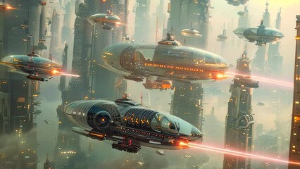 Poster - a modern city skyline featuring numerous towering buildings and futuristic transportation such as ho