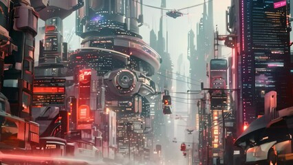 Poster - a cityscape dominated by towering skyscrapers with a bustling population of cyborgs and augmented hu