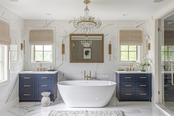 A modern farmhouse master bathroom with white marble