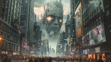 Poster - A futuristic cityscape with cyborgs and augmented humans, featuring a colossal head in the center, A cityscape inhabited by cyborgs and augmented humans