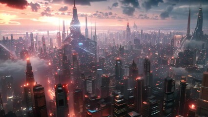 Poster - a city of skyscrapers under cloud cover in a futuristic setting, a cityscape threatened by a rogue a
