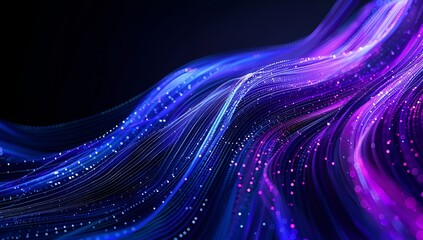 Poster - A detailed photograph of an abstract digital illustration showcasing the dynamic movement and fluidity of fiber optic cables, with glowing blue light waves flowing across purple hues against a black 
