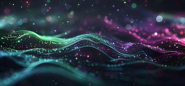 Abstract background with glowing blue and purple lines, dots and particles on a black background
