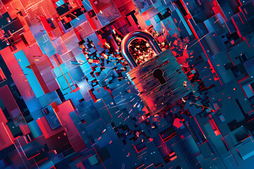 Poster - A dynamic digital illustration featuring a shattering padlock amidst vibrant red and blue abstract cityscape. AI