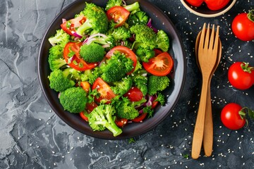 Wall Mural - Bowl with broccoli, tomatoes, onions, fork, spoon on table