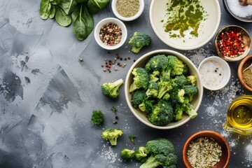 Wall Mural - A bowl of broccoli with vegetables and spices on a table