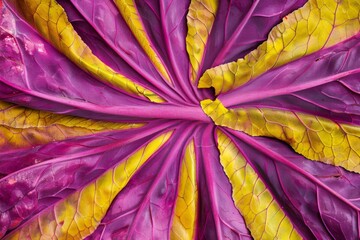 Wall Mural - The image shows a detailed view of a purple and yellow leaf