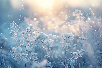 Frost-covered plants under soft blue light, serene wintry scene with icy crystals and shimmering foliage.