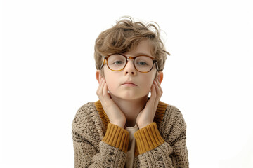 Poster - A studious boy in glasses and a cardigan, extracted from the backdrop, isolated from the background, with no background. Concept of intellectual curiosity and learning. Generative Ai.