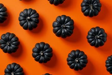 Halloween pattern of black pumpkins on orange background.