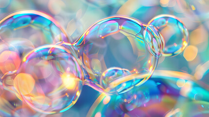 A colorful bubble with a rainbow pattern. The bubbles are floating in the air and appear to be floating in a pool of water