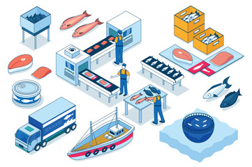 Aufkleber - Fish processing 3d isometric mega set. Collection flat isometry elements and people of fish farm, fishing, food production, salmon slice package line, tuna canned, transportation. Vector illustration.