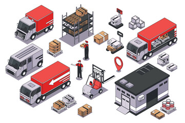 Aufkleber - Logistics 3d isometric mega set. Collection flat isometry elements and people of delivery trucks, warehouse shelves, parcel transportation, loading and unloading boxes, shipping. Vector illustration.