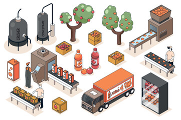 Aufkleber - Juice production 3d isometric mega set. Collection flat isometry elements and people of garden harvesting process, plant conveyor lines, crushing and bottling factory machines. Vector illustration.