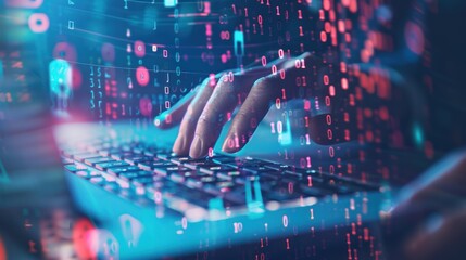 Poster - hands typing on computer keyboard, with abstract code, online cyber attack, hack, threats and breaches Network concept, cyber technology