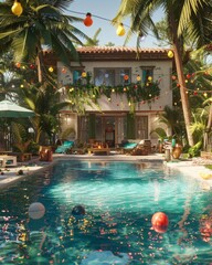 Wall Mural - A house with a pool and a green umbrella. The pool is surrounded by trees and has a lot of balloons in the water