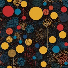 Poster - Myriad of colorful circles floats against dark, intricate background resembling network of veins, roots. Circles vary in size, color, with hues of red, blue, yellow dominating scene.