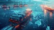© Orxan - Futuristic cargo container ships utilize technology for global logistics, employing world maps and supply chain networks for container export-import