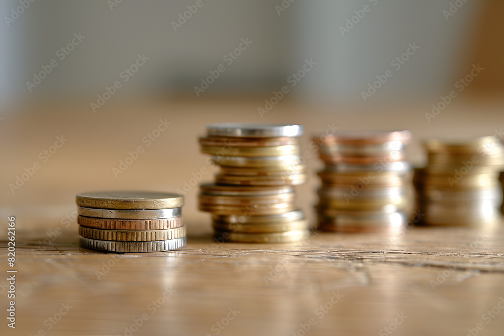 a person’s fingers placing a coin on a stack with other stacks of ...