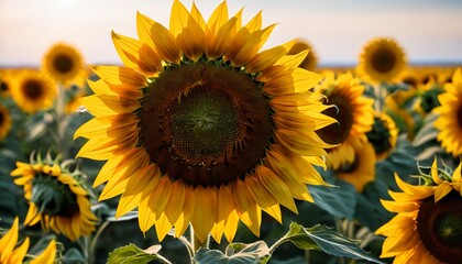 Wall Mural - AI generated illustration of a field of sunflowers in bloom-ready state