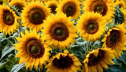 Poster - AI generated illustration of vibrant sunflowers with large centers in a lush green field