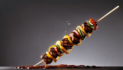 Wall Mural - AI generated illustration of skewered vegetables with sauce, a tasty kebab option