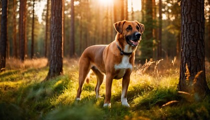 Wall Mural - AI generated illustration of a dog standing in forest against sun in background