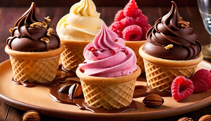 Wall Mural - AI generated illustration of ice cream cones with raspberry and chocolate toppings