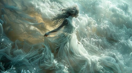 A woman in a white dress is floating in the ocean