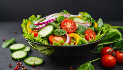 salad on black plate, featuring lettuce, tomato, cucumber, spinach, onion, and paprika, epitomizing freshness and health