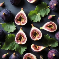 Wall Mural - Fresh raw figs with green leaves on dark background. Top view, flat lay. Generative AI