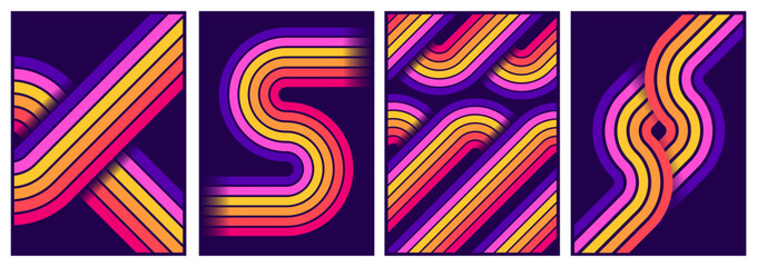 Poster - retrofuturism poster design in trend retro line style and neon colors on black dark background. mode
