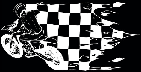 Wall Mural - motocross in white line on black background