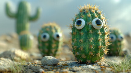 Award Winning national geographic Minimal style, 3D round eyed living cacti in desert survival roles, demonstrating water conservation techniques, one cactus storing water in its s