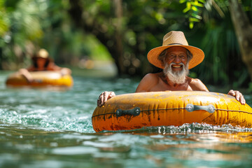 Senior man floating on a river with a big smile.