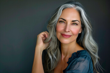 Sticker - Portrait of an elegant mature woman with gray hair, confident and beautiful. The concept of skin care and wellness