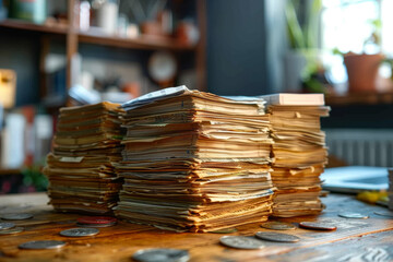 Poster - A stack of bills piled high on a desk, representing financial obligations and expenses. Concept of financial burdens and debt management. Generative Ai.