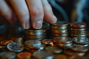 Poster - A person counting coins in their hand, symbolizing frugality and careful money management. Concept of financial thriftiness and savings. Generative Ai.