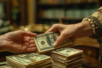 Poster - A person's hand handing over a wad of cash to pay for a luxury item, indulging in discretionary spending. Concept of luxury purchases and financial indulgence. Generative Ai.